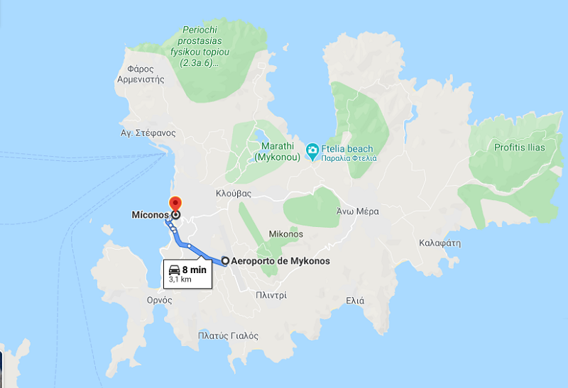 Rota do aeroporto até o centro de Mykonos