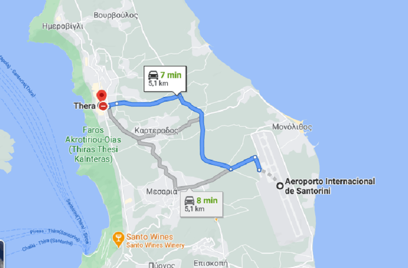 Mapa do caminho do aeroporto para Fira
