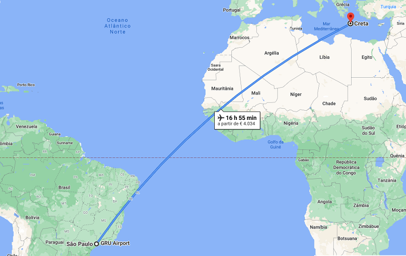 Mapa da viagem de avião de São Paulo para Creta