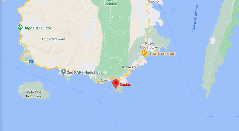 Cabo de Sounion no mapa da Grécia