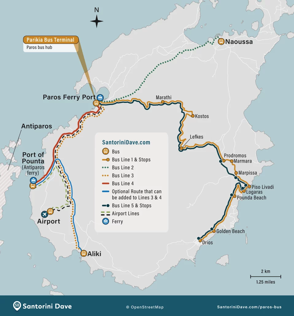 Mapa de ônibus da ilha de Paros