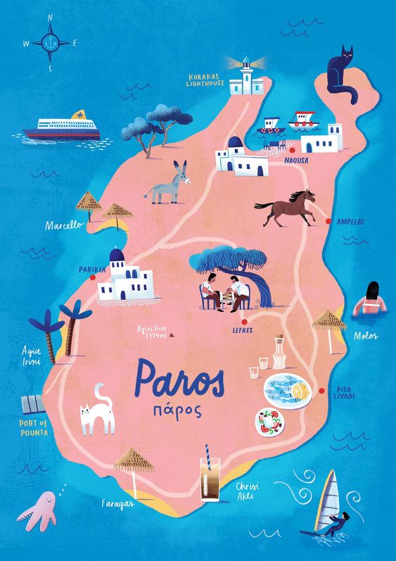 Mapa turístico da ilha de Paros